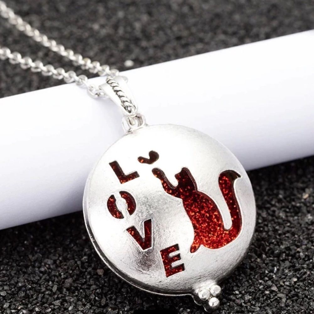 Silver Round Cut Out Cat Locket Long Necklace Jewelry -NEW